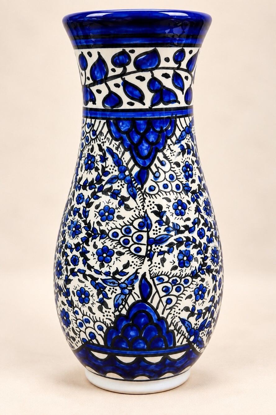 Armenian Pottery Jerusalem Handmade Blue White Floral Vase 9.5” Tall